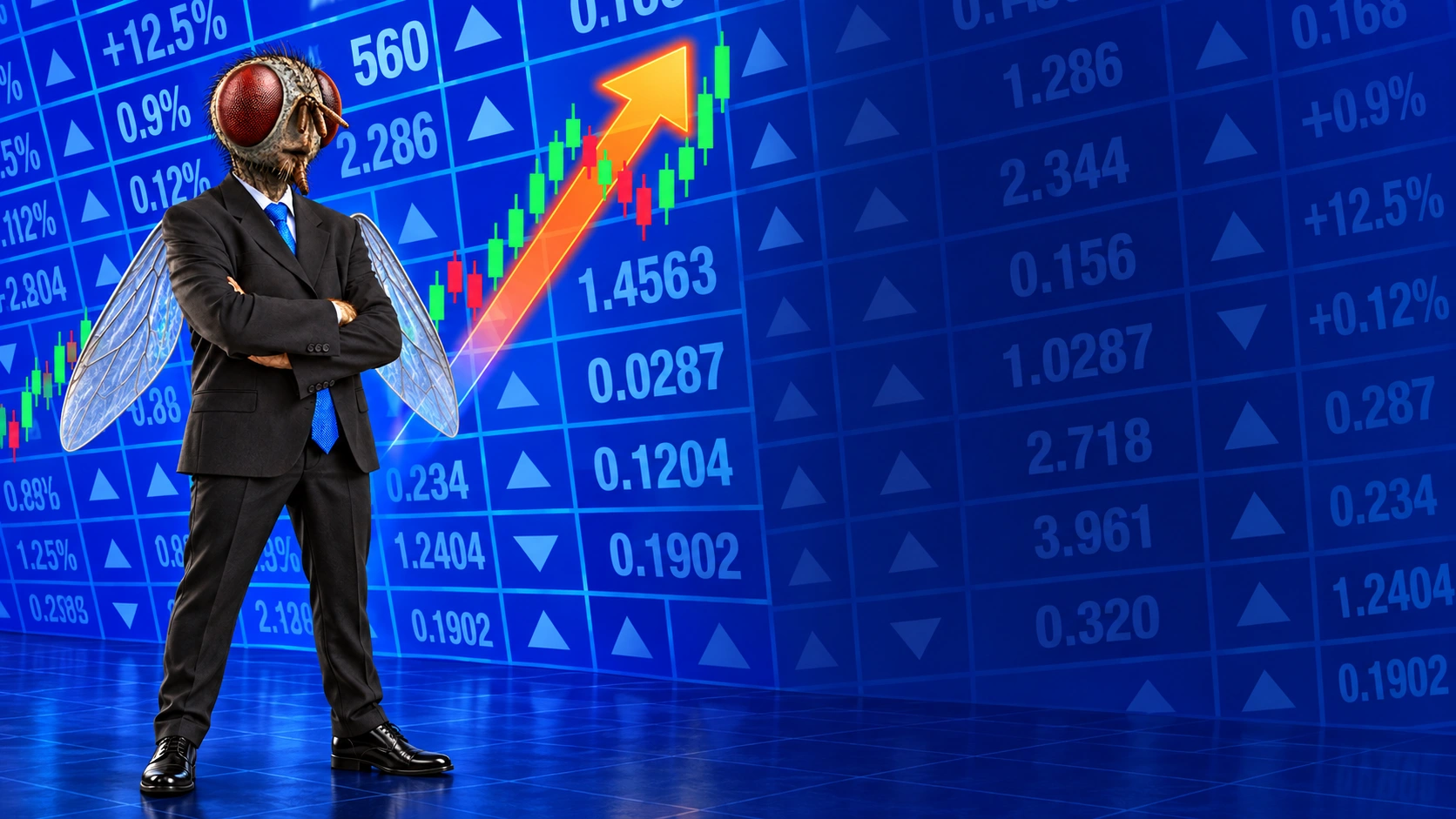 Fly in a suit with crossed arms, beside a stock chart